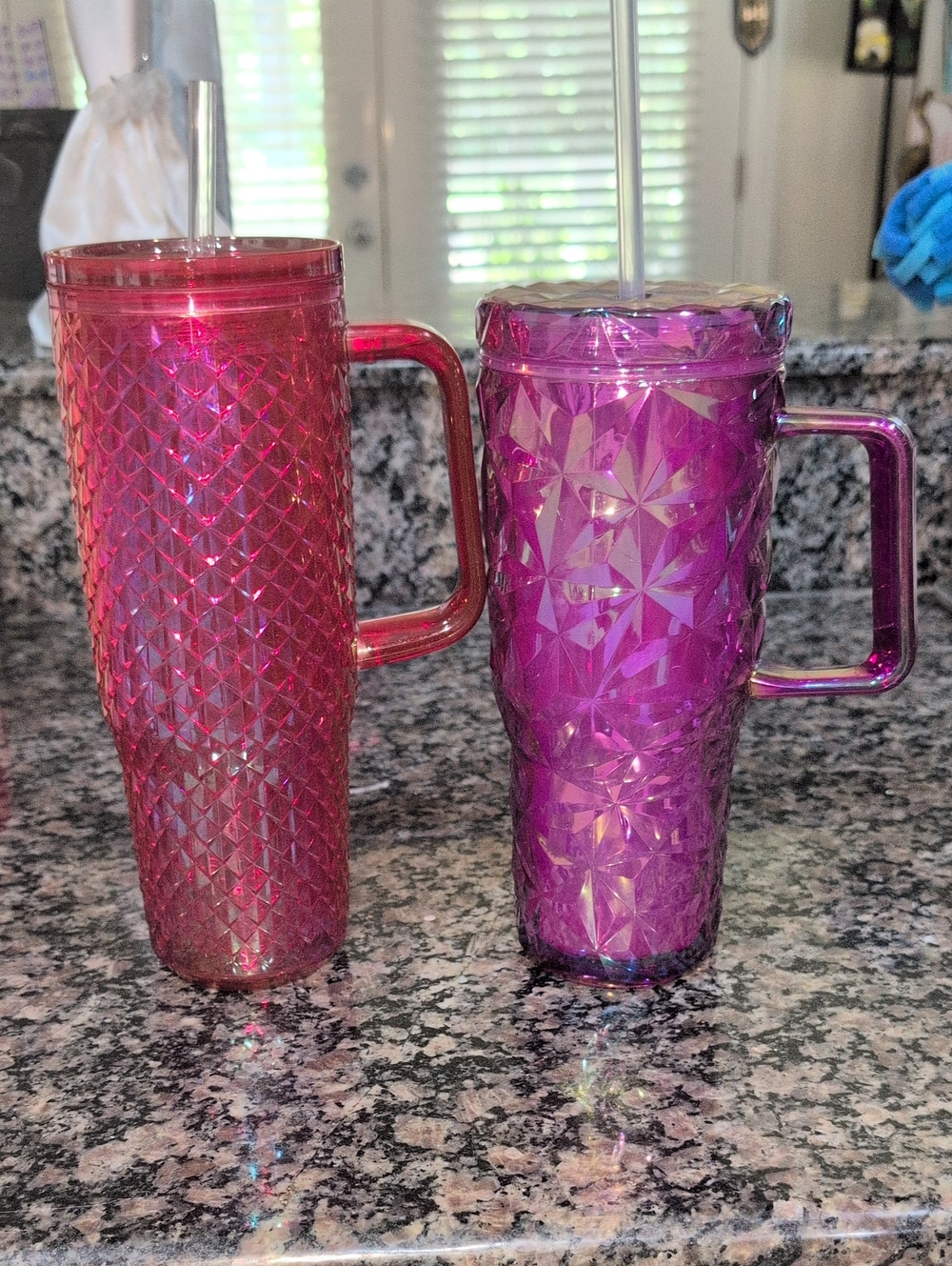 Iridescent Pink & Purple Double-Wall Travel Mugs with Handle and Straw Set